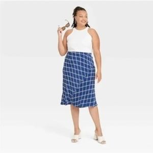 Ava & Viv Women's Plus Midi Blue Bias A-Line Shape Plaid Skirt